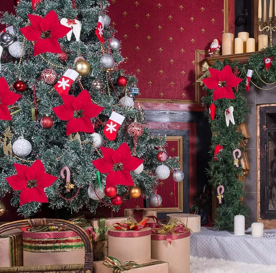 VRB Dec™ 12pcs Christmas Poinsettias Red/Gold Velvet Decorative Artificial Flowers Christmas Flowers of Velvet Christmas Decorations Items/Chritmas Tree/Decoration Items )